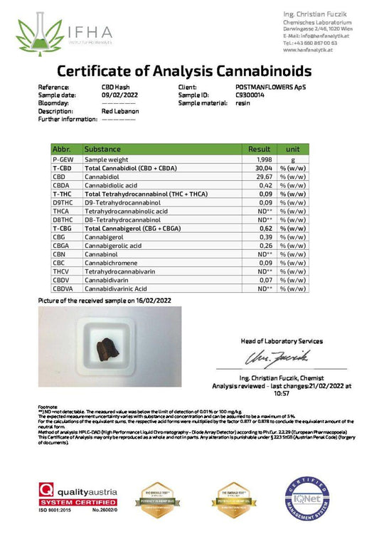 Rød Lebanon CBD Hash CBD: 30%