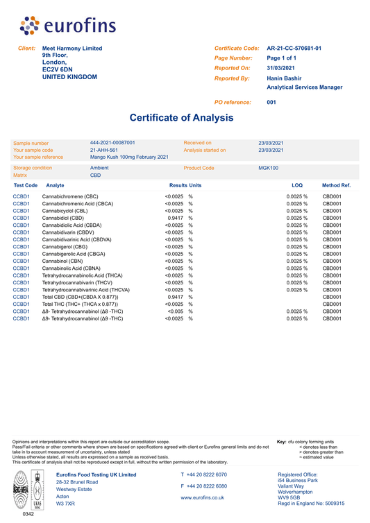 Harmony CBD Liquid Mango Kush 10ml, 30-600 mg CBD