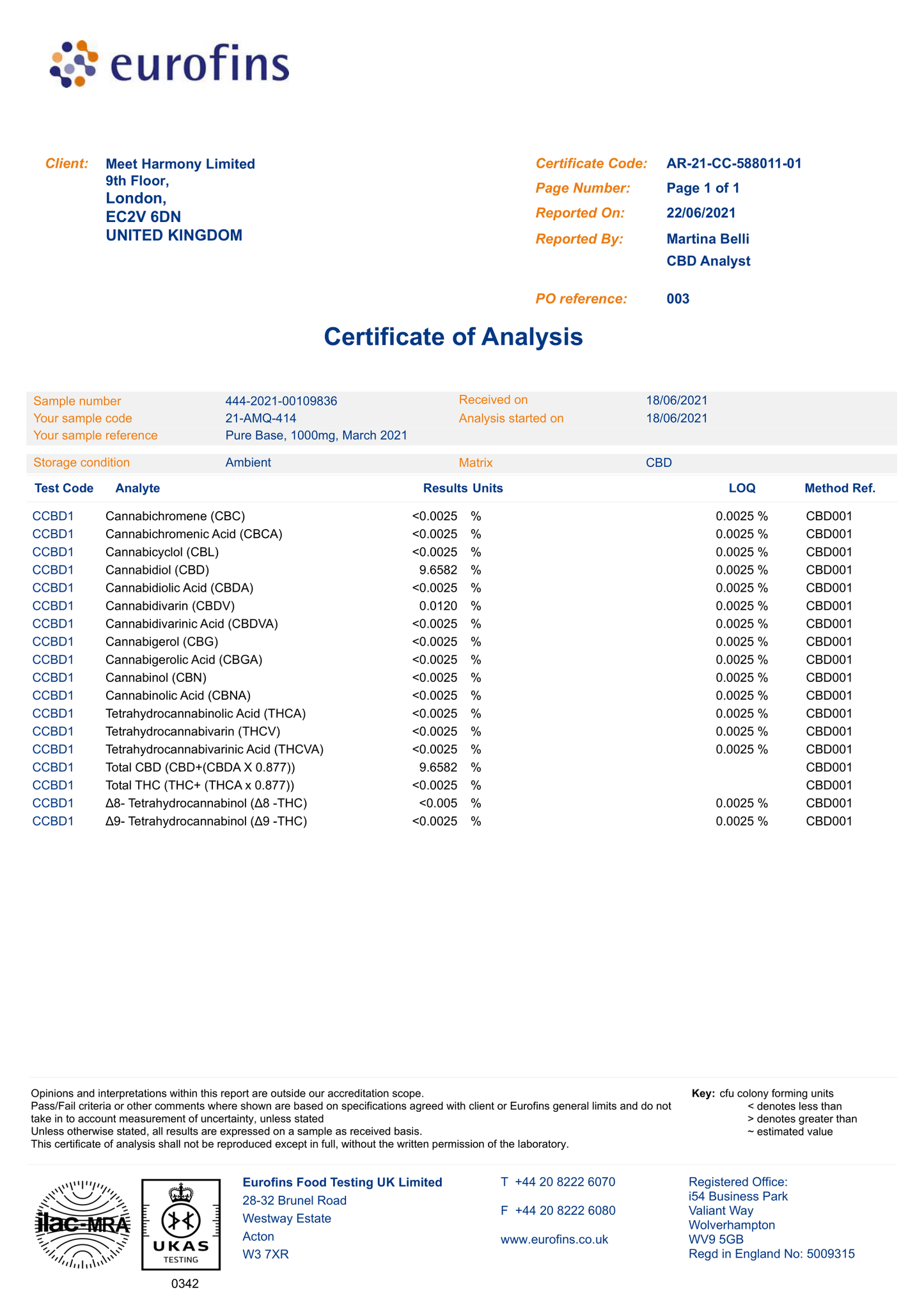 Harmony CBD væske ren Base 10ml, 100-1000 mg CBD